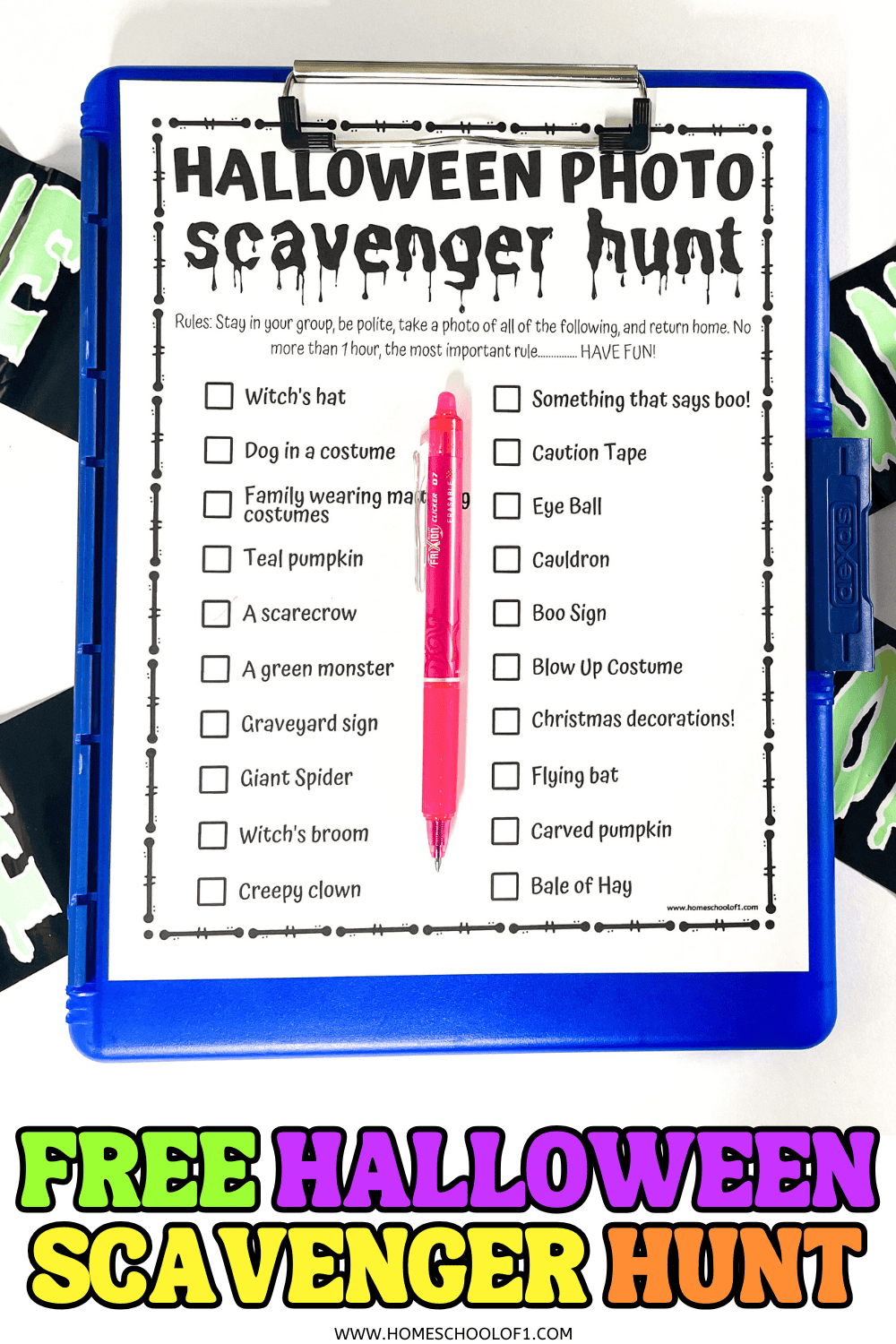 Printable Halloween photo scavenger hunt checklist on a blue clipboard with a pink pen, perfect for teens.