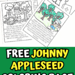 Free Johnny Appleseed coloring page set with story scenes, apples, and fall-themed decorations.
