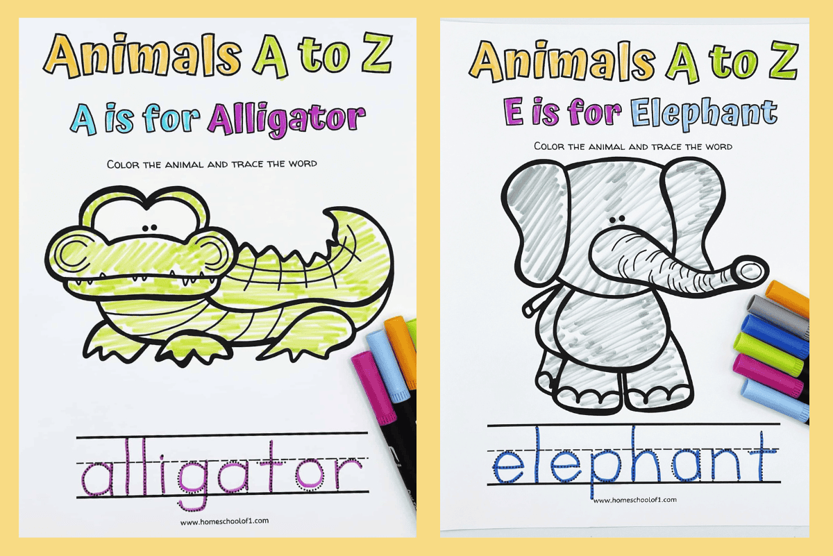 Two printable ABC animal coloring pages labeled “A is for Alligator” and “E is for Elephant.” Each sheet includes a cartoon animal to color and a dotted tracing word at the bottom. Brightly colored markers are placed beside each worksheet on a yellow background.
