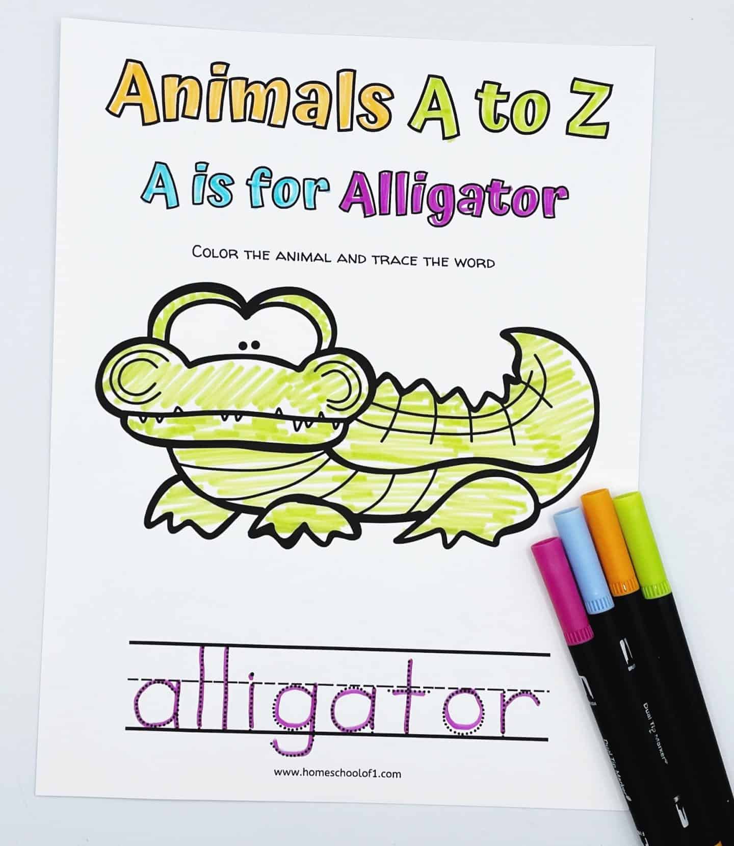 “A is for Alligator” coloring worksheet from the Animals A to Z series, featuring a cartoon alligator colored in yellow and green. The activity includes a traceable word “alligator” at the bottom in dotted lines. Colorful markers in purple, orange, blue, and green are placed beside the page.