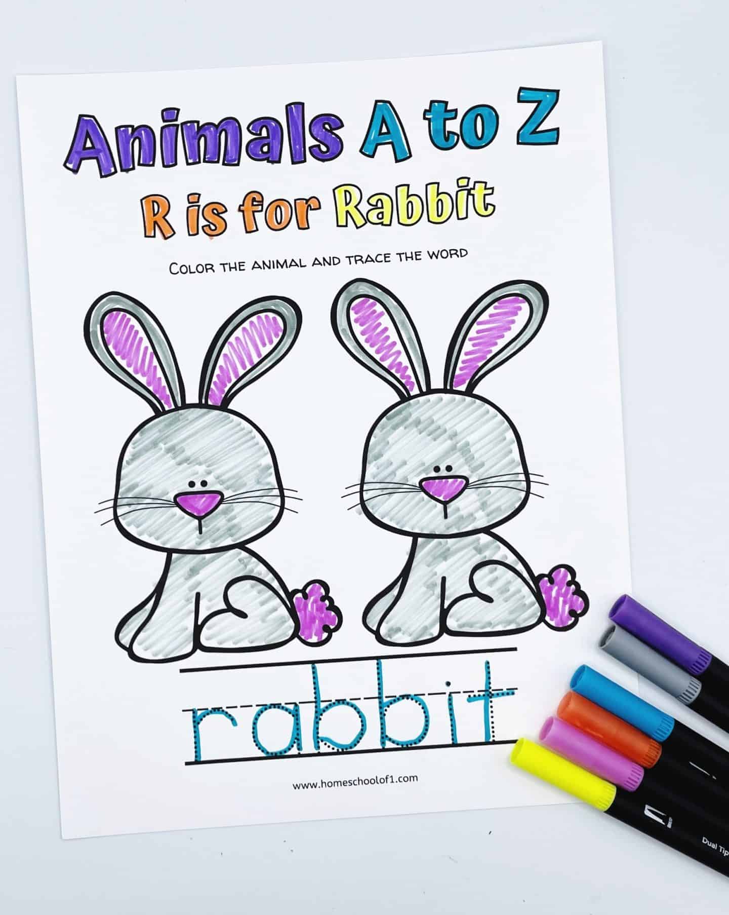 “R is for Rabbit” coloring worksheet from the Animals A to Z series, featuring two cute cartoon rabbits colored in gray with purple ears, noses, and tails. Below them is the word “rabbit” in dotted tracing font. Six colorful markers are placed to the right of the page.