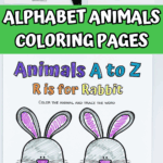 Alphabet animals coloring pages with R is for Rabbit worksheet. Free A–Z printable set for preschool and kindergarten kids.
