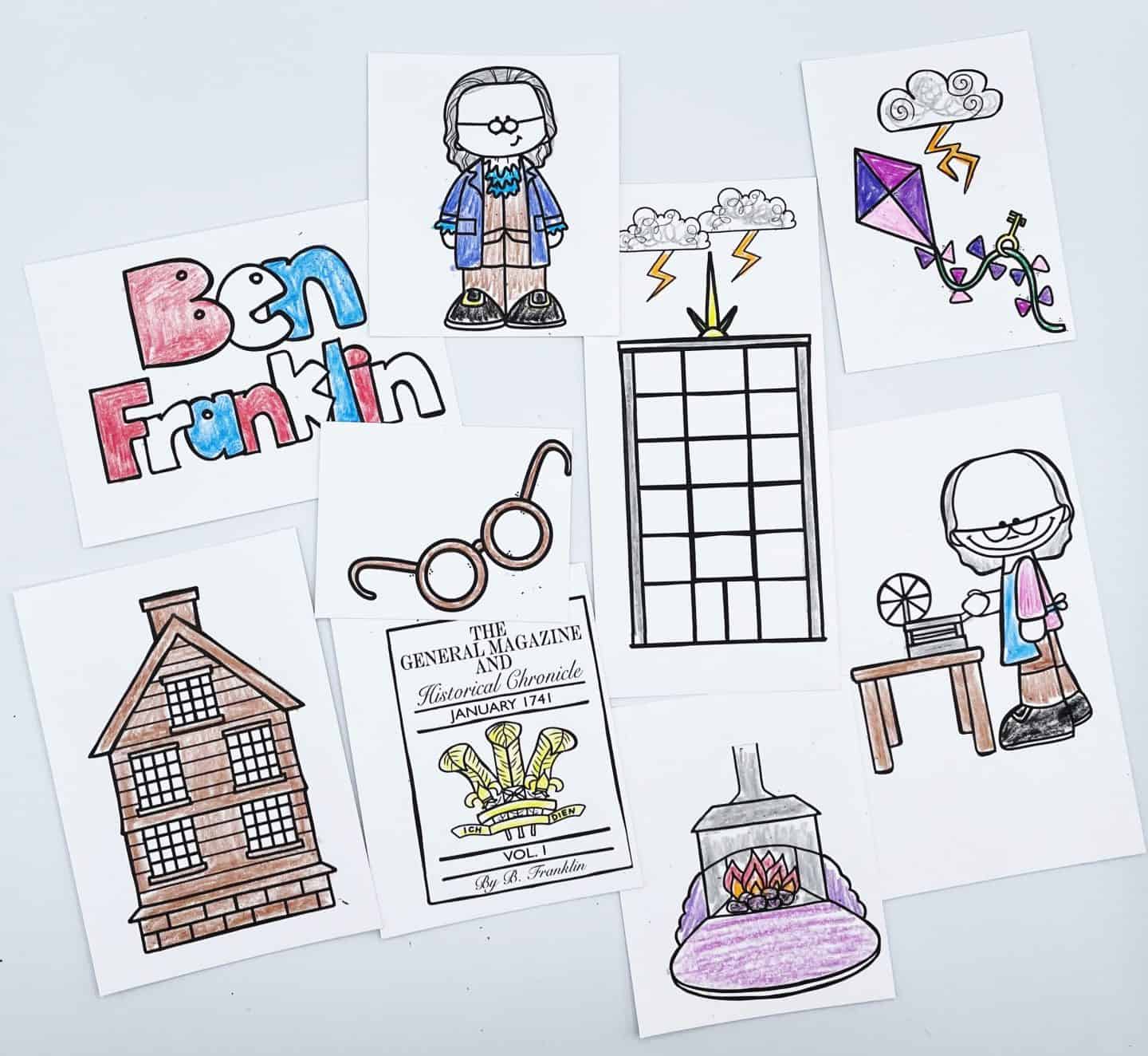 A set of hand-colored Benjamin Franklin-themed educational cards for kids, including a cartoon Franklin, his iconic bifocals, the Franklin stove, a printing press, and a lightning experiment. Other cards feature a colonial-style house, a kite with a key, a magazine titled “The General Magazine and Historical Chronicle – January 1741,” and a bold “Ben Franklin” sign in red and blue.