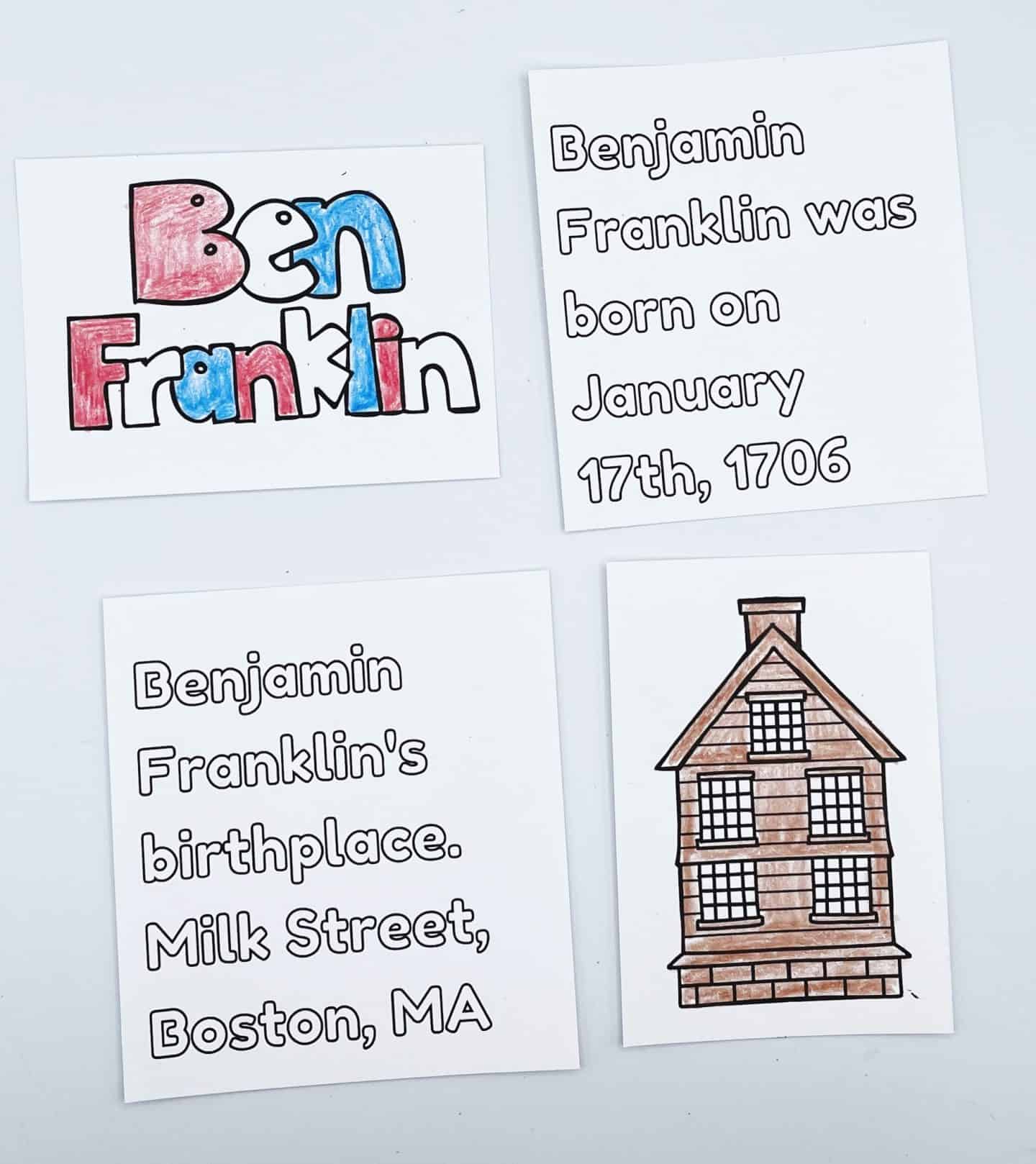 Ben Franklin coloring pages and timeline of when he was born, January 17th, 1706, and where he was born, Milk Street, Boston, MA.