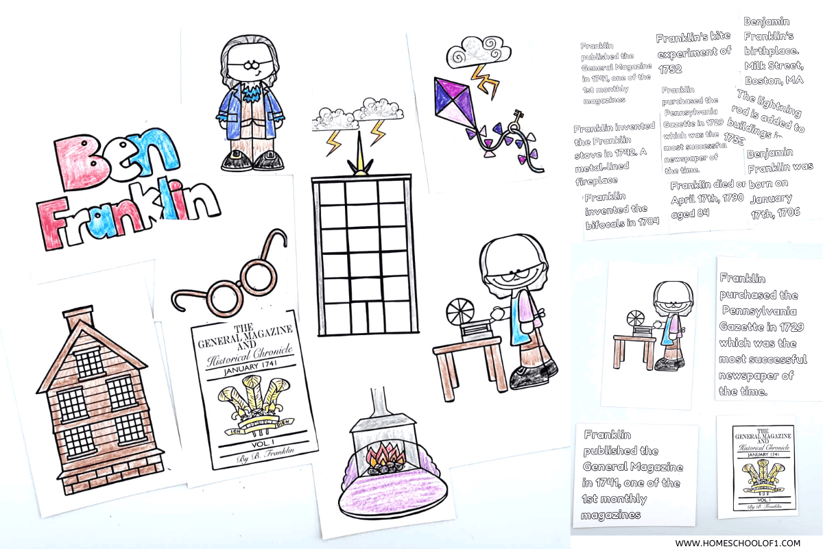 A preview of printable Benjamin Franklin worksheets for kids, featuring hand-colored illustrations of Franklin, his inventions like the Franklin stove and bifocals, a lightning rod experiment, a kite, and early printing materials. Fact cards share key biographical details, such as Franklin's birth in 1706, his scientific contributions, and his work in publishing.