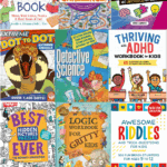 Collage of 10 colorful covers from the best puzzle books for kids, including logic games, dot-to-dots, riddles, and brain teasers.