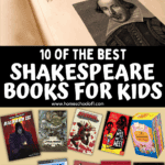 Top 10 Shakespeare books for kids with vintage book photo and adaptations like No Fear, manga, and illustrated editions.