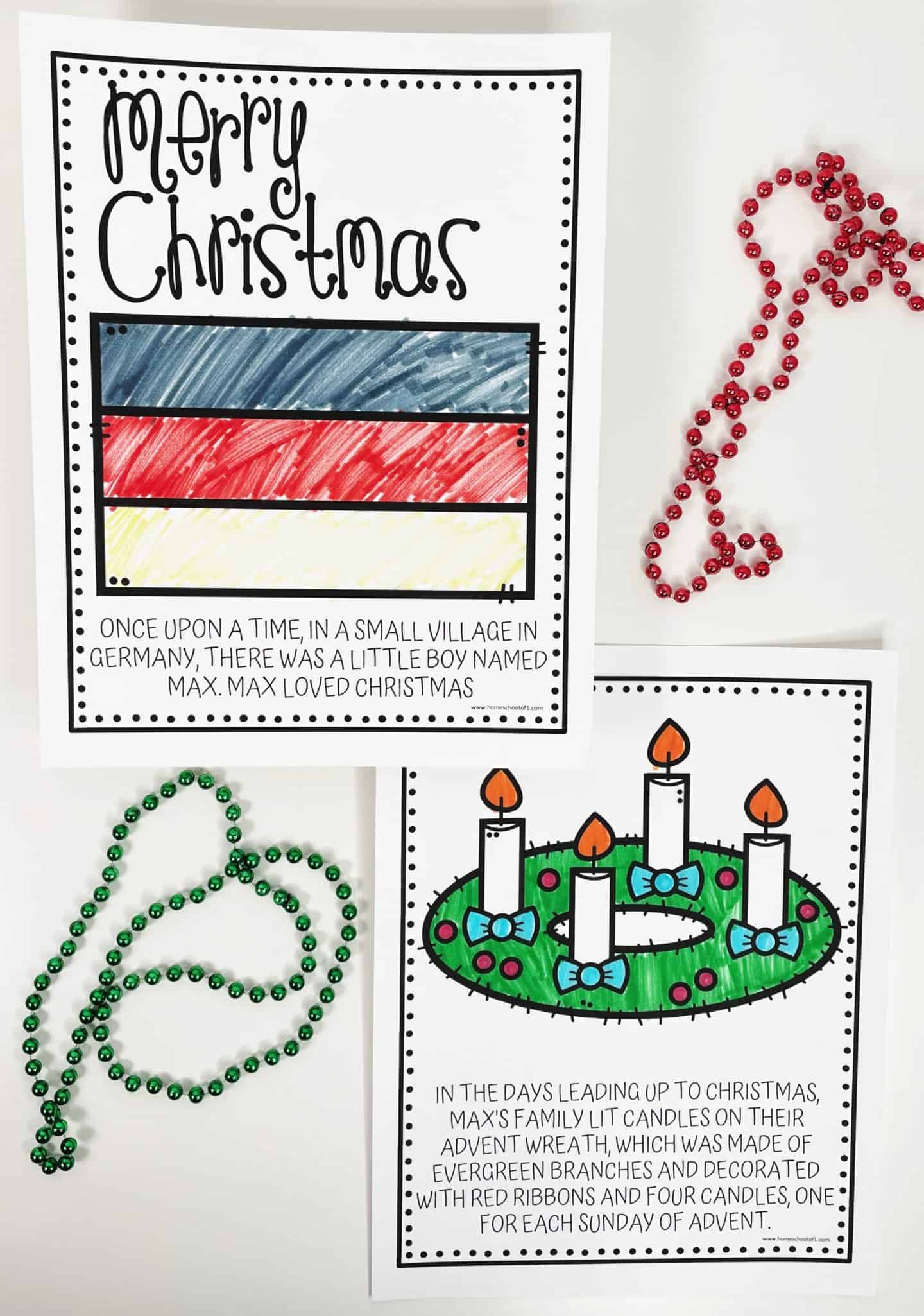 Two Christmas-themed coloring pages about German holiday traditions. The top page shows a hand-colored German flag with the text, “Merry Christmas” and a short story about a boy named Max who loved Christmas. The bottom page features a brightly colored Advent wreath with four candles and a description of how Max’s family lit one candle each Sunday leading up to Christmas. Decorative red and green bead garlands are placed beside the pages.

