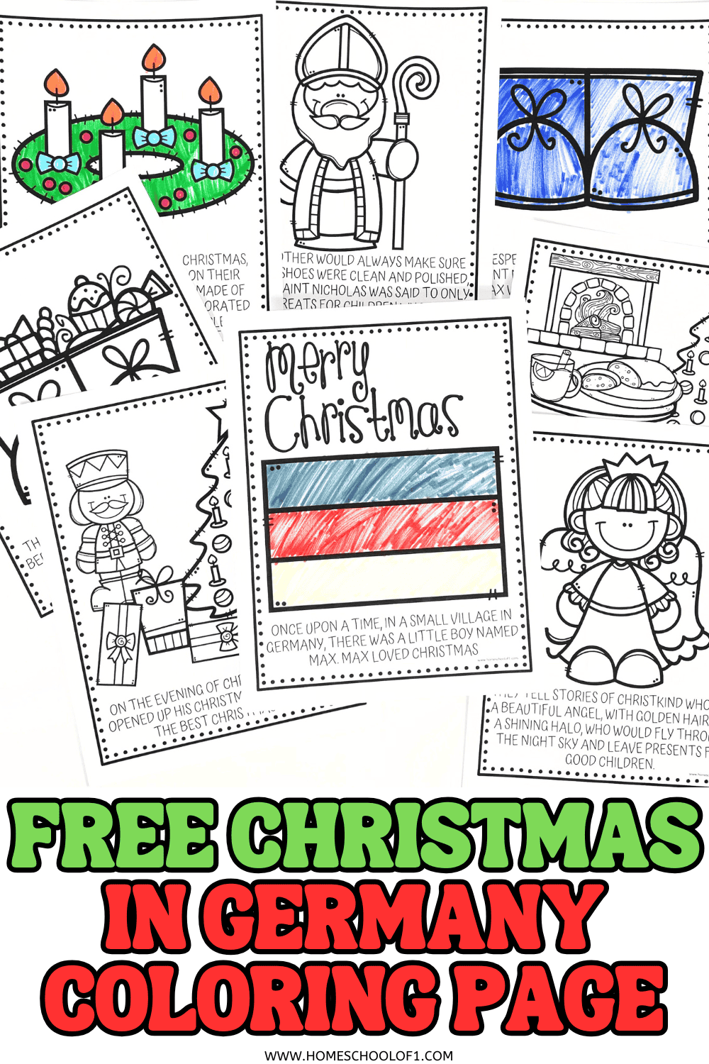 Coloring pages featuring German Christmas traditions like Saint Nicholas, Advent wreaths, and Christkind for kids.

