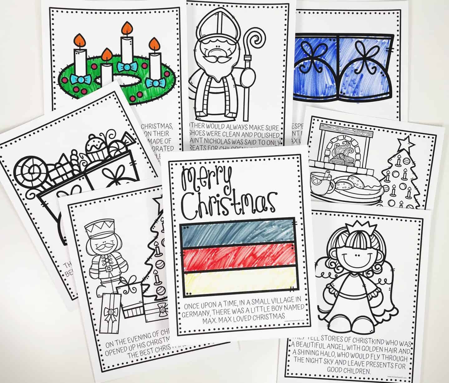 A collection of eight Christmas-themed coloring pages that highlight German holiday traditions. Illustrated scenes include an Advent wreath with candles, Saint Nicholas, a pair of shoes colored blue for Saint Nicholas Day, a fireplace with German treats, a nutcracker and tree with gifts, the German flag labeled "Merry Christmas," Christkind as an angel, and shoes filled with presents. Some pages are partially colored, while others remain in black and white.