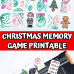 Free Christmas memory game cards being cut and assembled with holiday icons like reindeer, cocoa, gifts, and Christmas lights