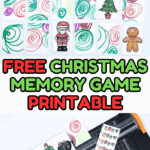 Holiday-themed memory game with cards showing Santa, Christmas tree, and other festive images alongside a paper cutter and printed game sheets
