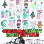 Printable Christmas memory game cards with swirly backs and cute holiday illustrations like Santa, gingerbread man, and Christmas tree