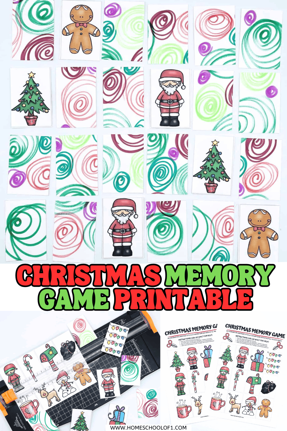Printable Christmas memory game cards with swirly backs and cute holiday illustrations like Santa, gingerbread man, and Christmas tree

