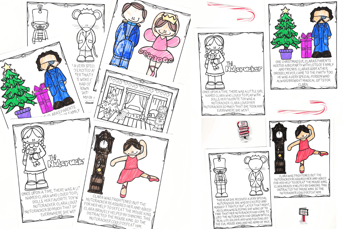 Nutcracker coloring pages featuring Clara, the Nutcracker soldier, Mouse King, Sugar Plum Fairy, a Christmas tree, and scenes from the ballet, partially colored in by kids.