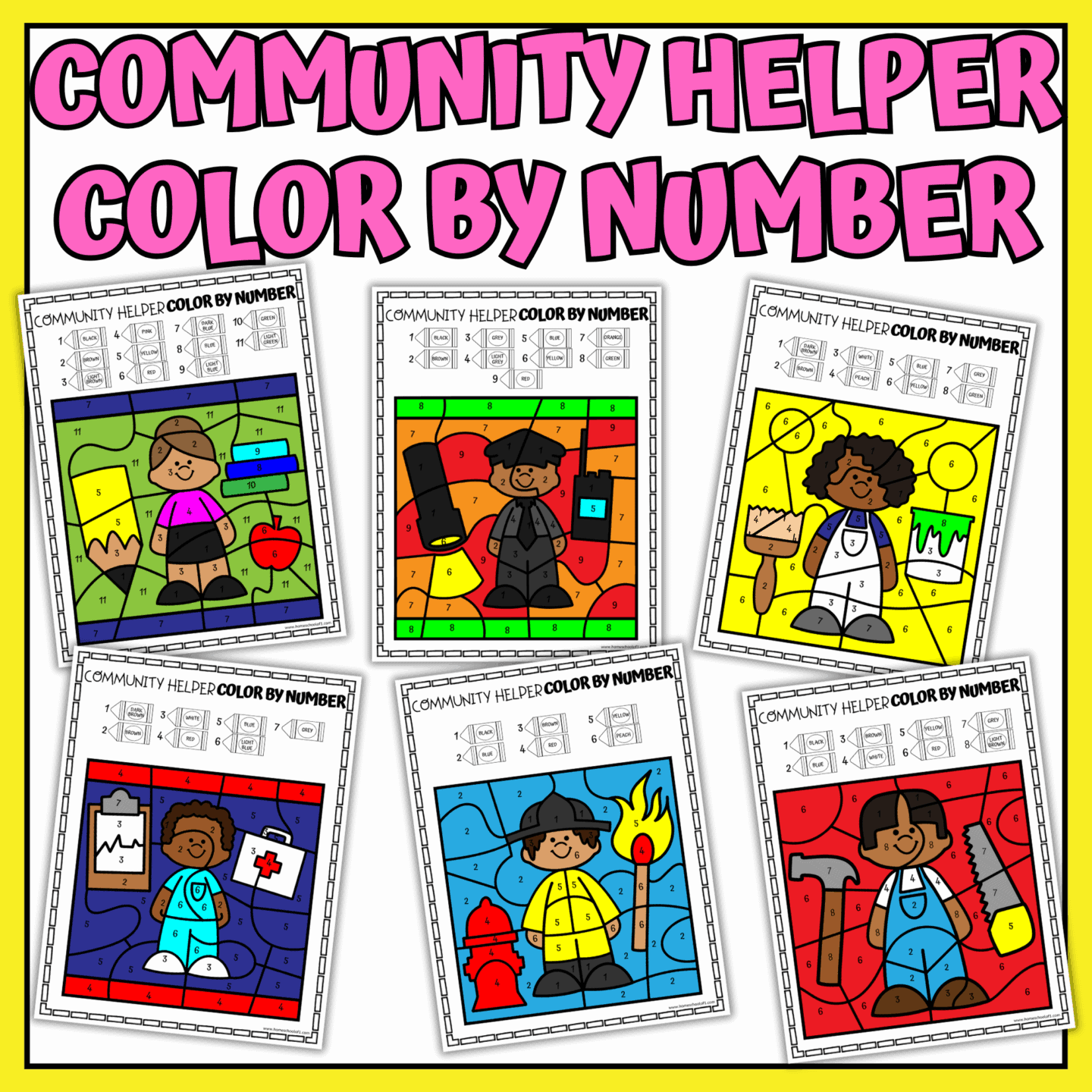Six colorful community helper color by number worksheets for kids featuring a teacher, graduate, painter, nurse, firefighter, and construction worker.