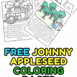 Printable Johnny Appleseed coloring sheets shown with completed examples and coloring supplies.