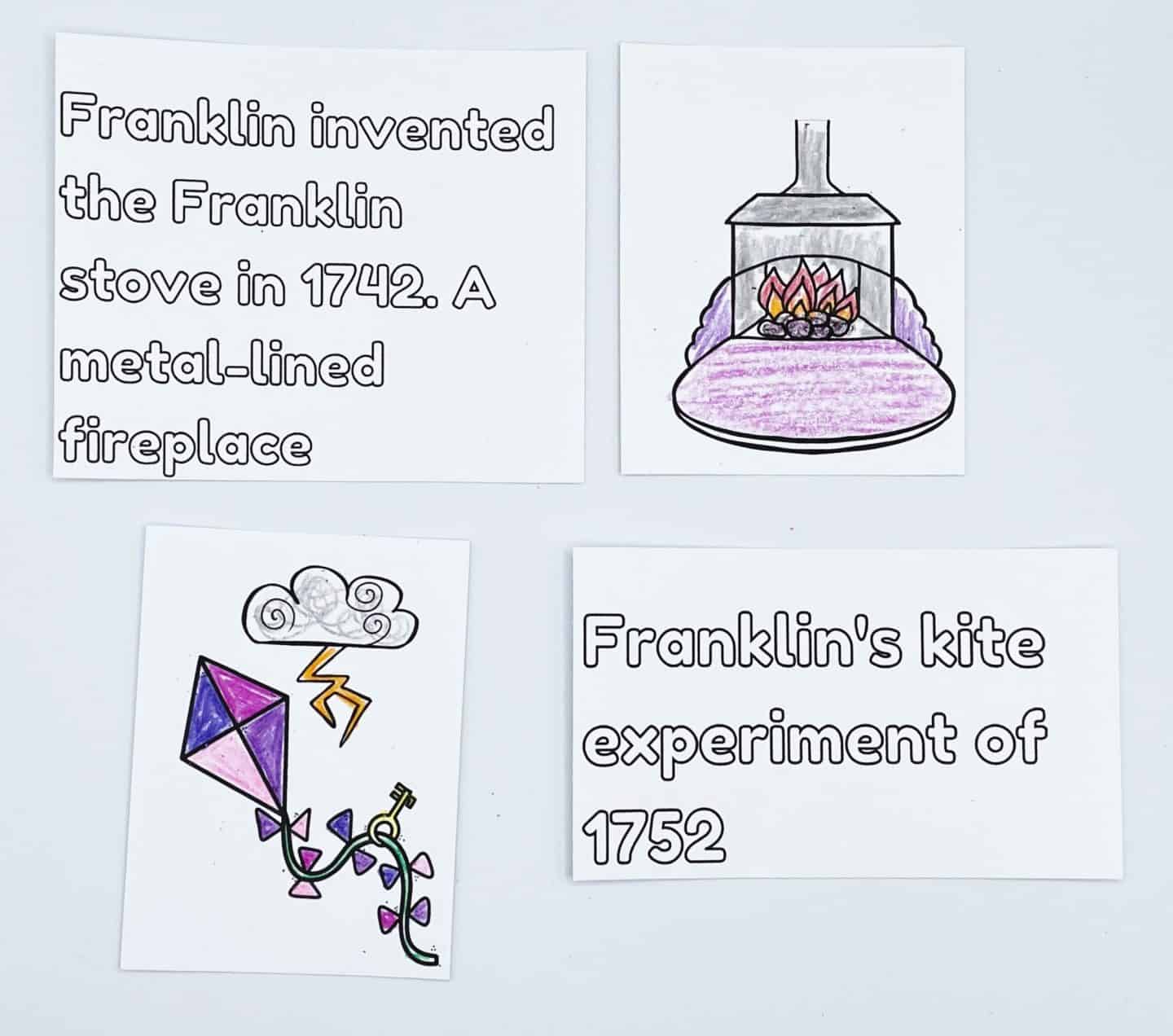 Ben Franklin matching words with pictures, the words he invented the stove in 1742 and a colored in image of the metal-lined fireplace. Below is a colored in picture of a kite next to the words Franklin's kite experiment of 1752.