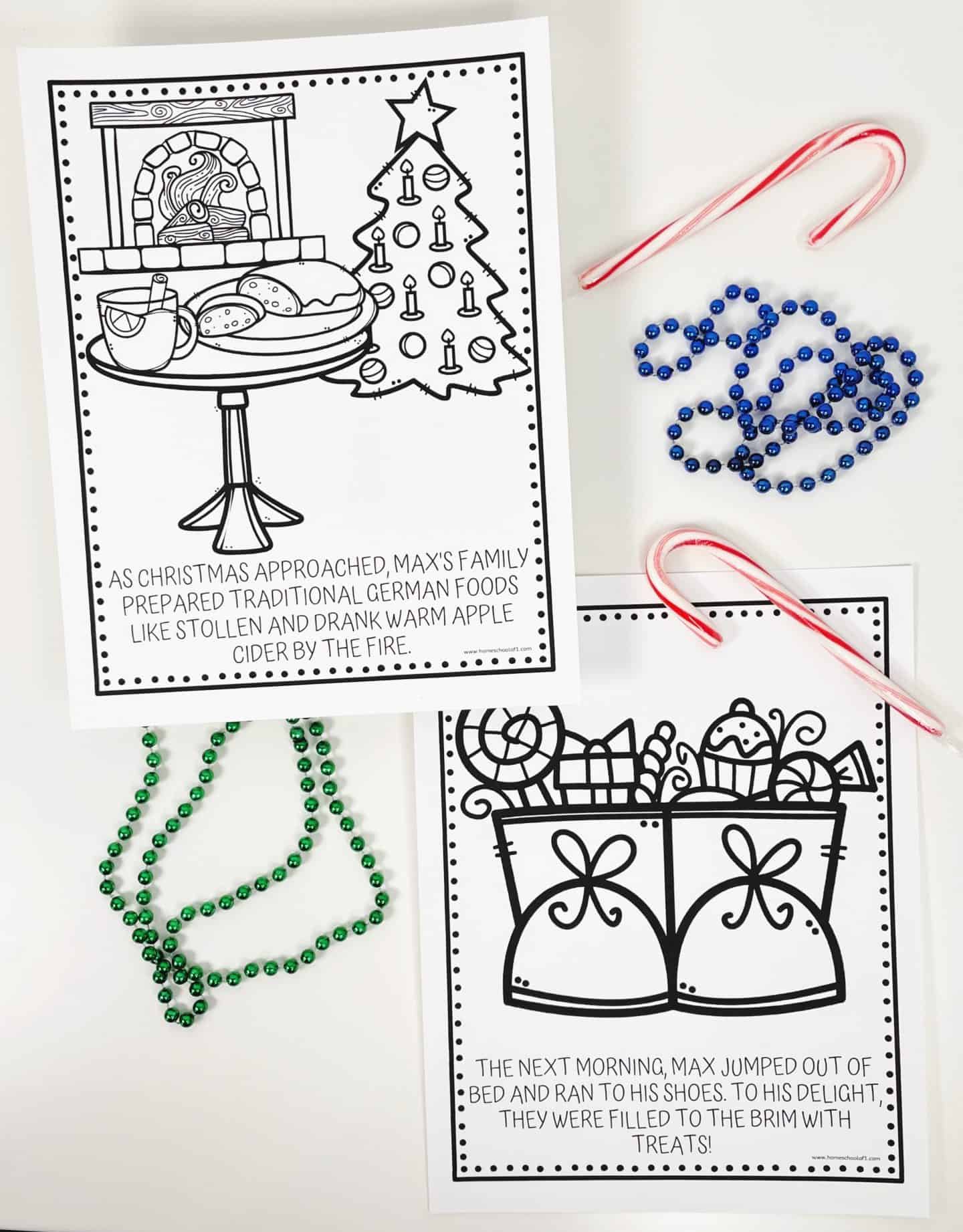 Two black-and-white Christmas coloring pages featuring German holiday traditions. The top page shows a fireplace scene with traditional German foods like stollen and a decorated Christmas tree, alongside a caption about Max’s family enjoying treats by the fire. The bottom page displays shoes overflowing with candy and gifts, illustrating Max’s excitement upon discovering his Saint Nicholas Day treats. Green beads, blue beads, and candy canes are arranged around the pages.

