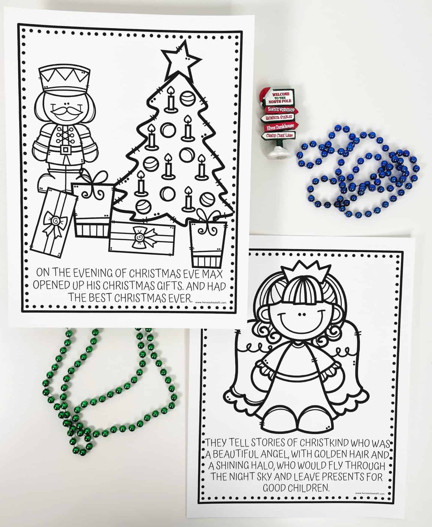 Two black-and-white Christmas coloring pages highlighting German holiday traditions. The top page features a nutcracker, presents, and a decorated Christmas tree, with a caption about Max opening gifts on Christmas Eve. The bottom page shows Christkind, a smiling angel with a crown and wings, along with a story about how she brings presents to good children. Green and blue bead garlands and a miniature North Pole sign decorate the scene.