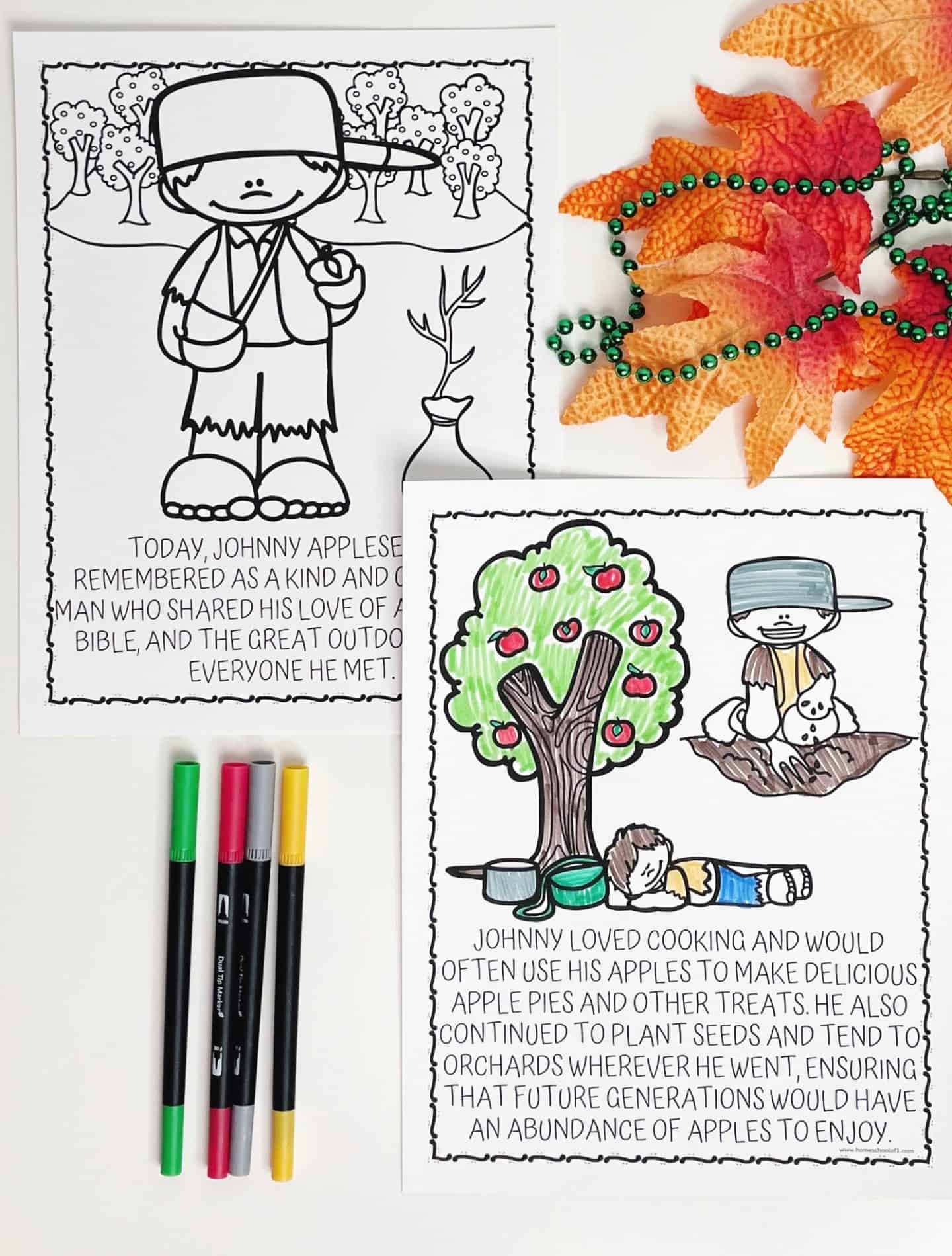 Coloring pages featuring Johnny Appleseed. One page shows him with trees and text about his legacy. The other page depicts him resting under an apple tree. Colored leaves and markers are nearby.
