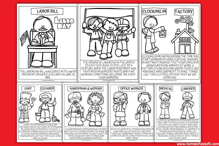 Black and white Labor Day coloring sheets for kids, showing various jobs like chef, cleaner, medical worker, and scenes about labor history, arranged on a red background.
