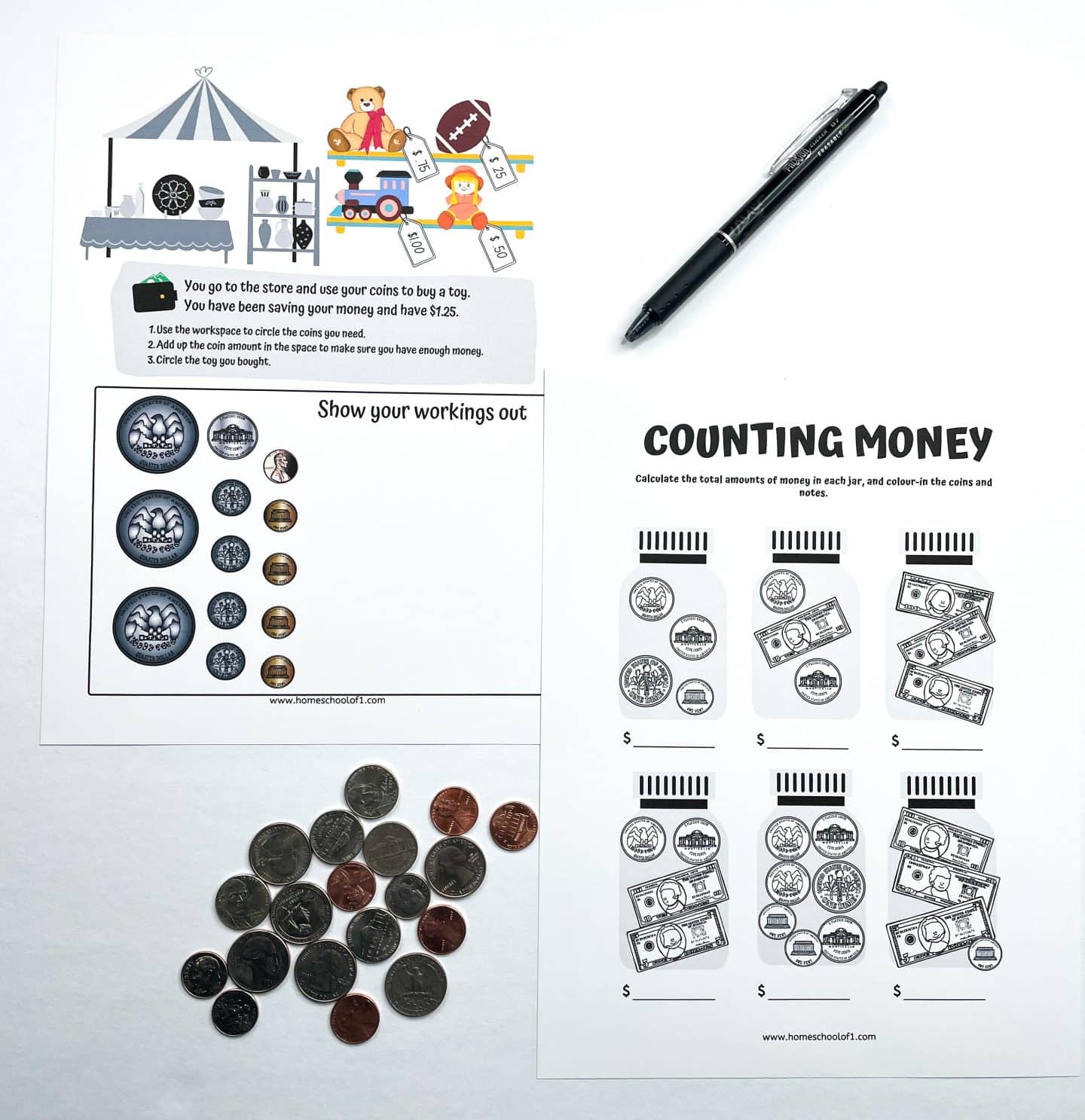 Two printable money worksheets for kids. The first features a toy market scene where children solve a word problem using coins to "buy" a toy, with space to show their calculations. The second worksheet, titled "Counting Money," displays jars filled with different combinations of coins and bills, asking kids to calculate and write the total amount for each. Real coins are placed below for hands-on practice.