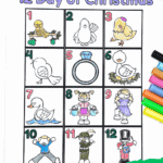 Printable 12 Days of Christmas coloring sheet with cartoon-style images for each day and colored markers arranged beside it.