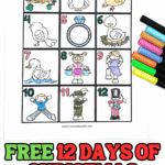 12 Days of Christmas coloring sheet with grid layout featuring illustrations for each day, from a partridge to drummers, partially colored with markers.