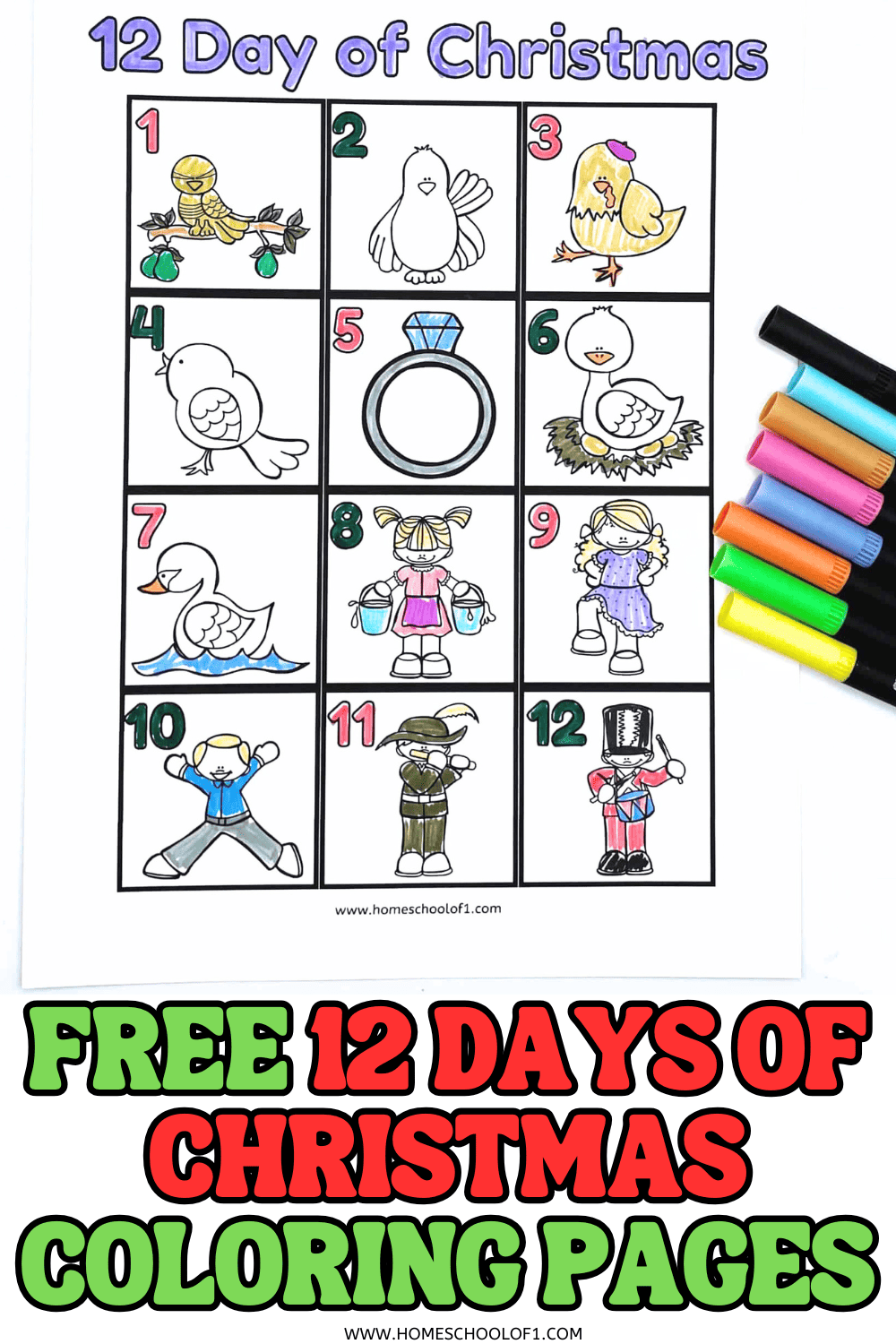 12 Days of Christmas coloring sheet with grid layout featuring illustrations for each day, from a partridge to drummers, partially colored with markers.

