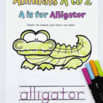 Free A is for Alligator coloring worksheet with traceable letters for preschoolers. Fun alphabet animal activity for kids.