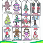Twelve hand-colored Christmas gift tags with festive designs and twine, including elves, trees, ornaments, and gingerbread figures.