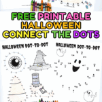 Collection of Halloween connect the dots printables including witch’s hat, ghost, candy corn, spiderweb, and jack-o’-lantern.