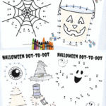 Free printable Halloween dot to dot activity pages with spiderweb and pumpkin bucket images, plus crayons for coloring.