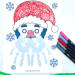 Santa handprint printable featuring a red hat, blue handprint beard, and surrounding snowflakes.