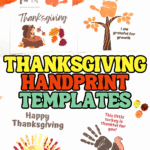 6 Thanksgiving handprint template pages for kids with turkeys, trees, and fall themes.