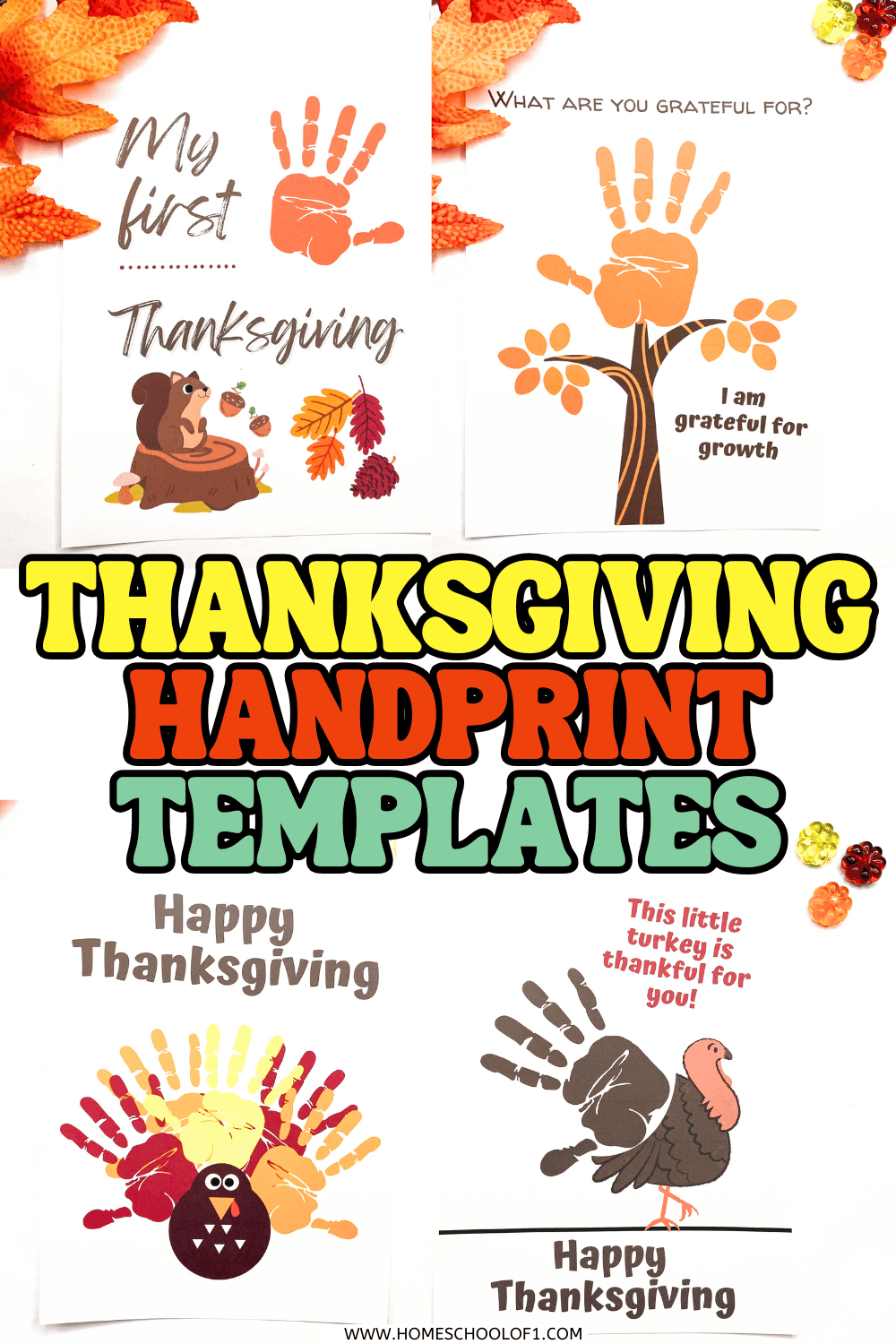 6 Thanksgiving handprint template pages for kids with turkeys, trees, and fall themes.