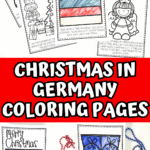 German Christmas coloring pages showing scenes like Saint Nicholas, German food, Advent candles, and Christkind.