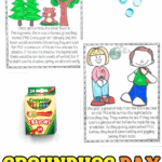 Two illustrated Groundhog Day coloring pages for kids showing Phil in the forest and two children visiting his burrow, with crayons beside the pages.