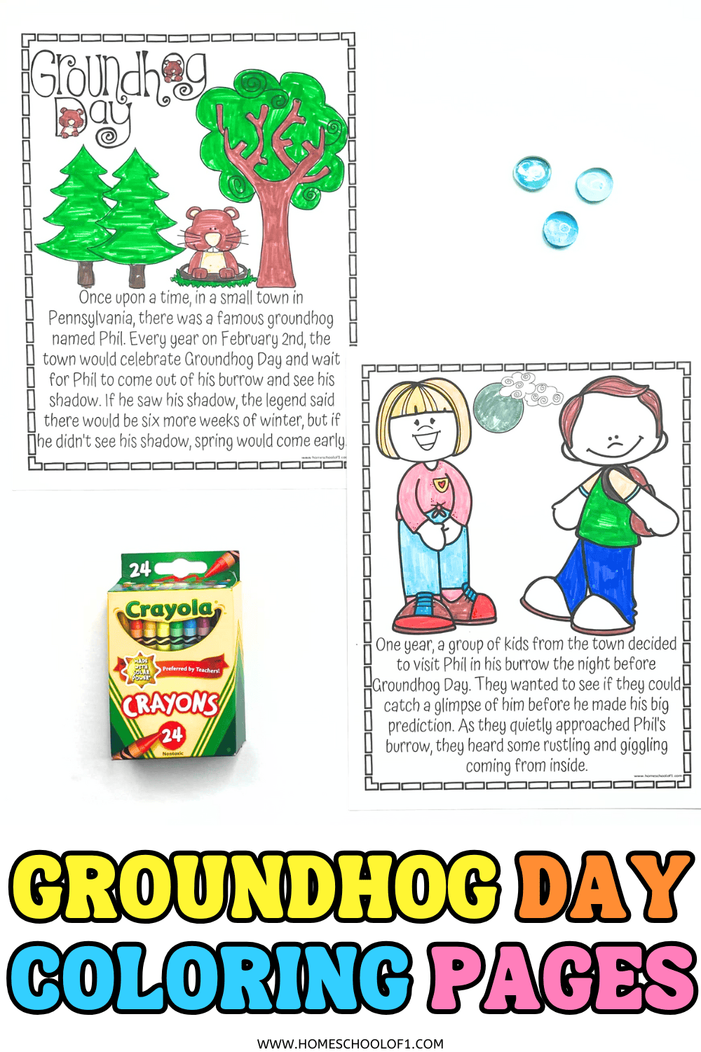 Two illustrated Groundhog Day coloring pages for kids showing Phil in the forest and two children visiting his burrow, with crayons beside the pages.