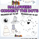 Halloween connect the dots worksheets featuring spooky designs like skull and crossbones, bubbling cauldron, jack-o’-lantern, and ghosts.