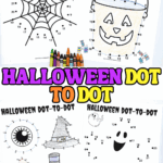 Halloween dot to dot printable worksheets featuring a spiderweb and jack-o’-lantern candy bucket, with crayons ready for coloring.