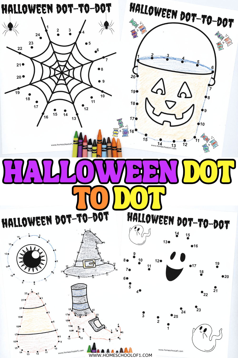 Halloween dot to dot printable worksheets featuring a spiderweb and jack-o’-lantern candy bucket, with crayons ready for coloring.

