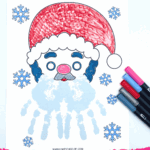 Printable Santa handprint craft showing a red hat and blue handprint beard, with snowflakes and colored markers.