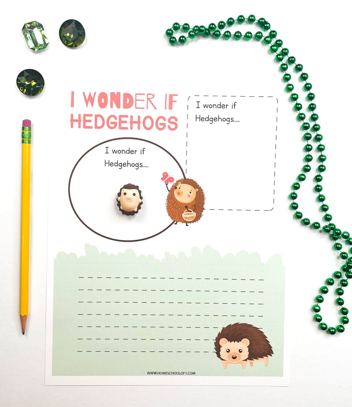Hedgehog-themed writing worksheet titled “I Wonder If Hedgehogs…” with lined space for answers, shown with a pencil, green beads, and gem decorations.