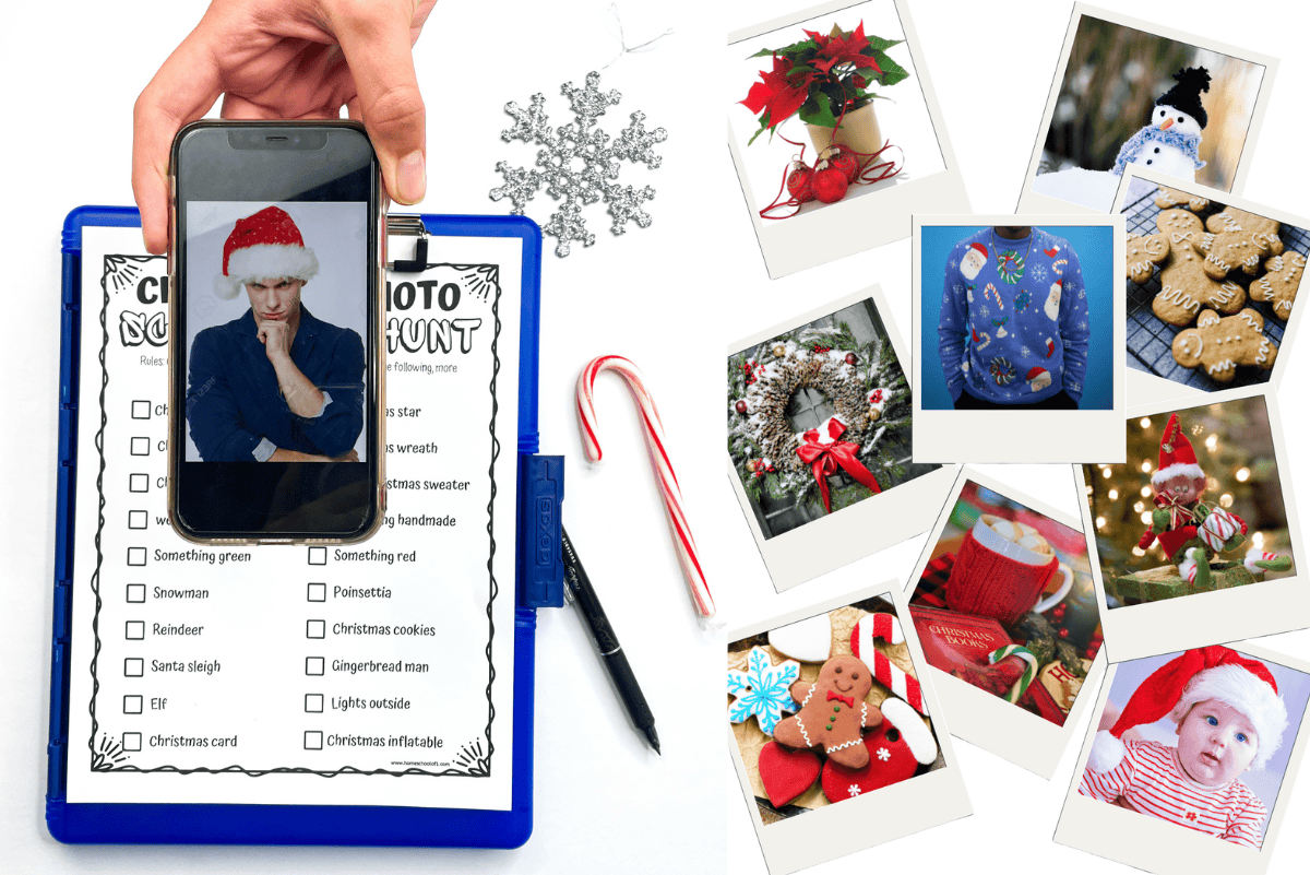 Flat lay of a Christmas photo scavenger hunt printable on a clipboard with a candy cane, pen, and phone showing a person in a Santa hat; surrounded by polaroid-style photos of holiday items like a wreath, poinsettia, snowman, ugly sweater, gingerbread cookies, elf, and baby in festive clothes.