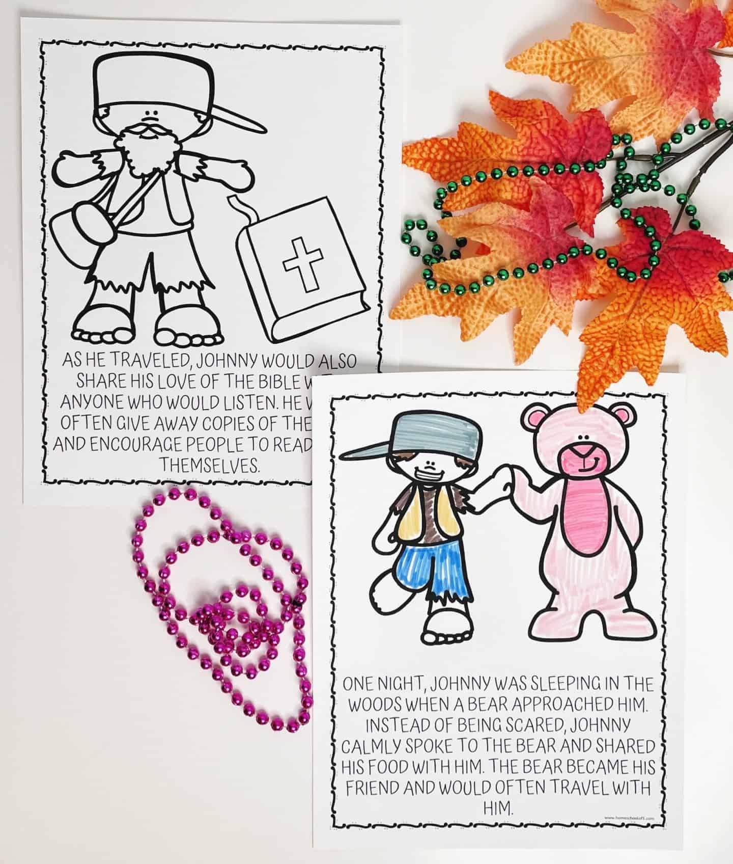Illustration showing two coloring pages. The first page has a boy traveler with a Bible. The second shows the boy holding hands with a friendly bear. Accompanied by colorful beads and autumn leaves. Text narrates Johnnys adventures with the bear.
