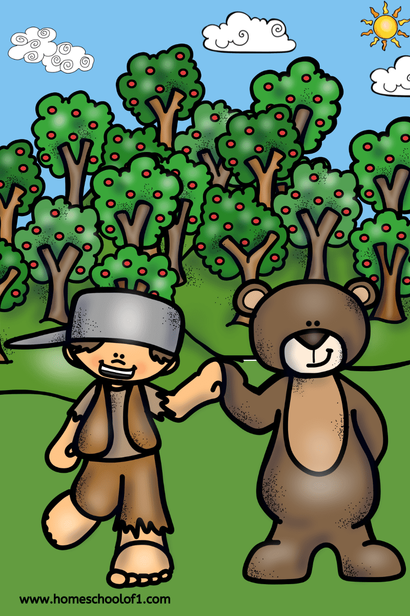 An animated boy wearing a bandana and tattered clothes stands holding hands with a smiling bear in front of a backdrop of green trees and a sunny blue sky.
