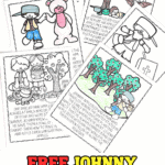 Six free Johnny Appleseed coloring pages for kids featuring apples, orchards, and story scenes.