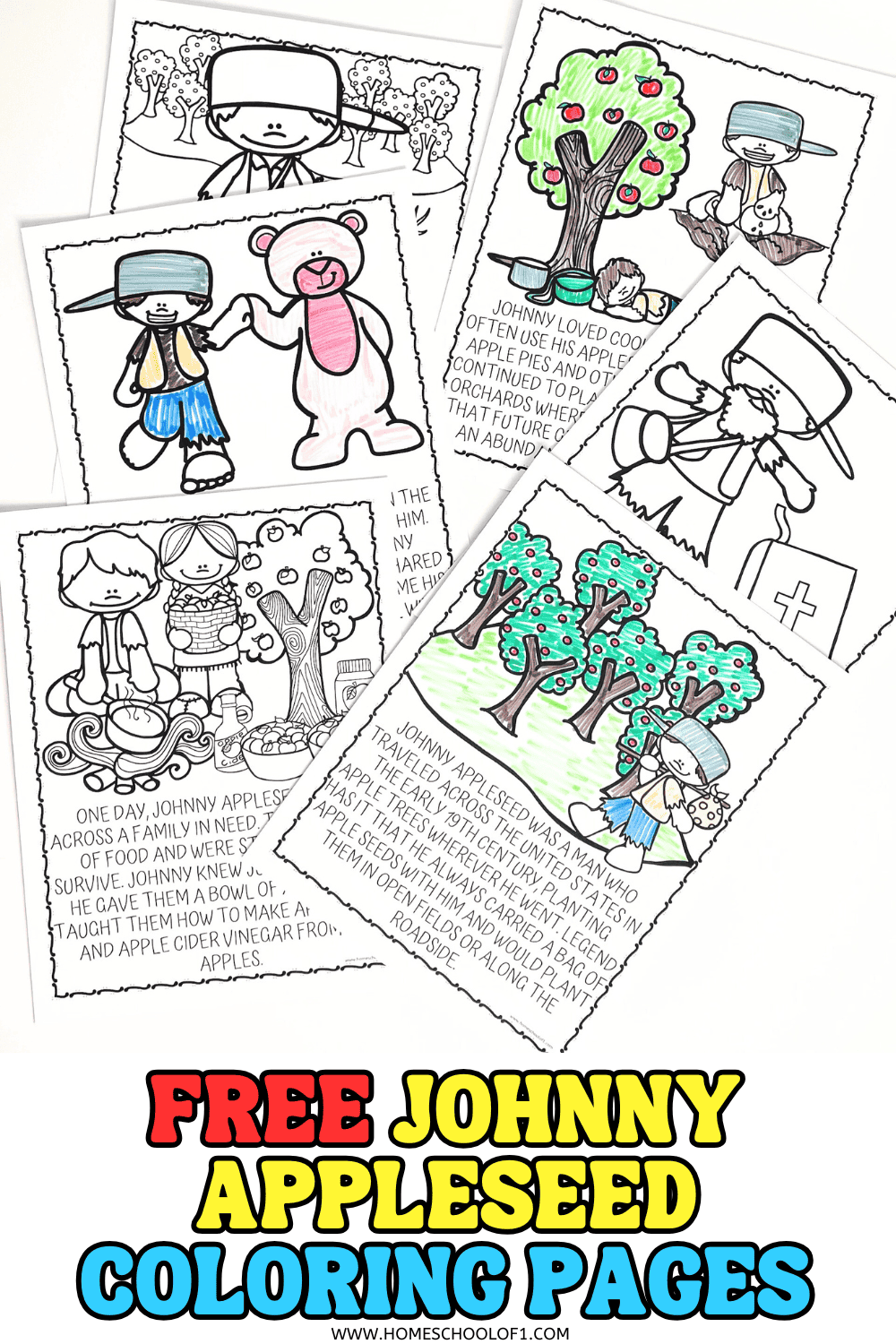 Six free Johnny Appleseed coloring pages for kids featuring apples, orchards, and story scenes.
